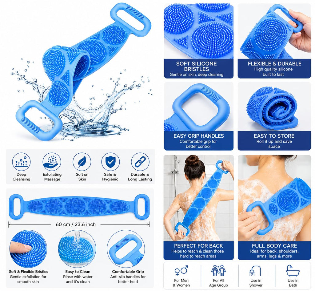 1PCS Silicone Bath Brush, Double-Sided Exfoliating Back Scrubber with Mesh Sponge